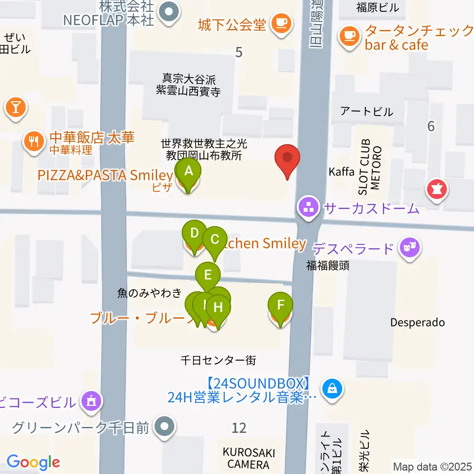 服部管楽器 岡山本店周辺のファミレス・ファーストフード一覧地図