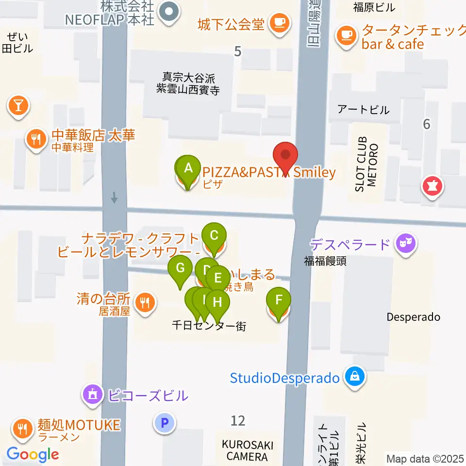 服部管楽器 岡山本店周辺のファミレス・ファーストフード一覧地図
