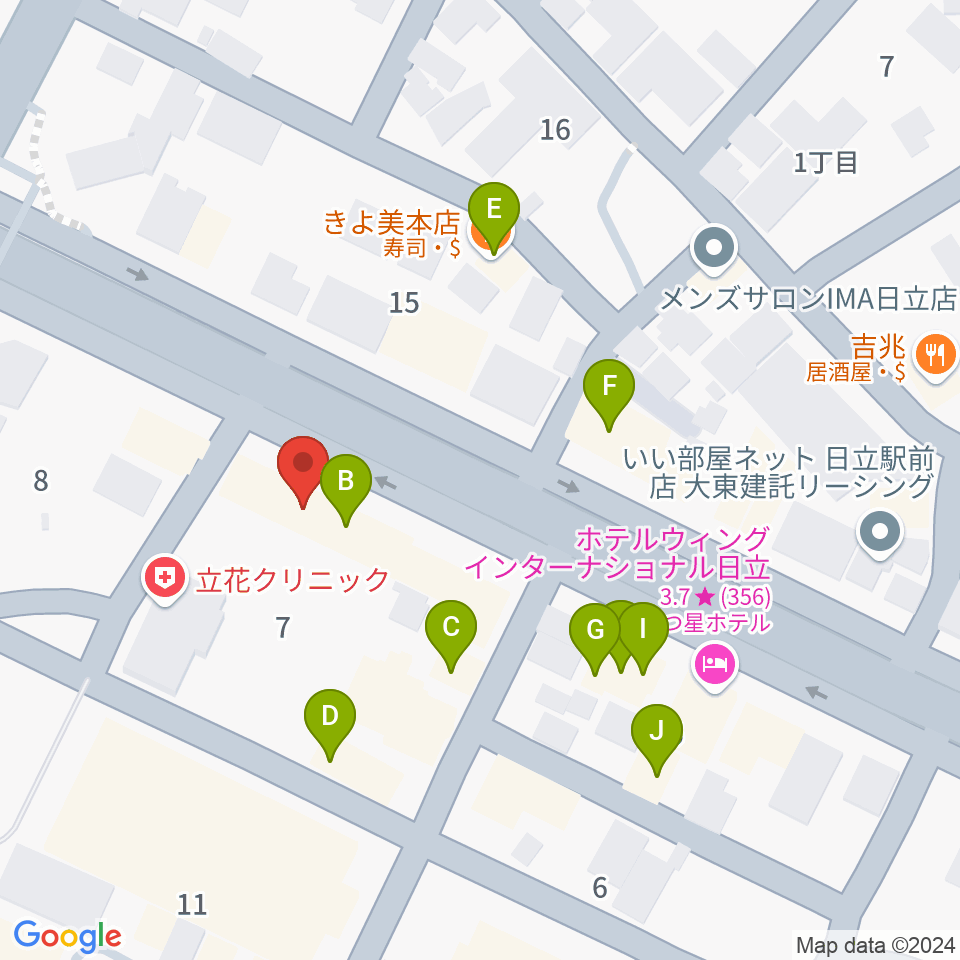 クシダピアノ社周辺のファミレス・ファーストフード一覧地図