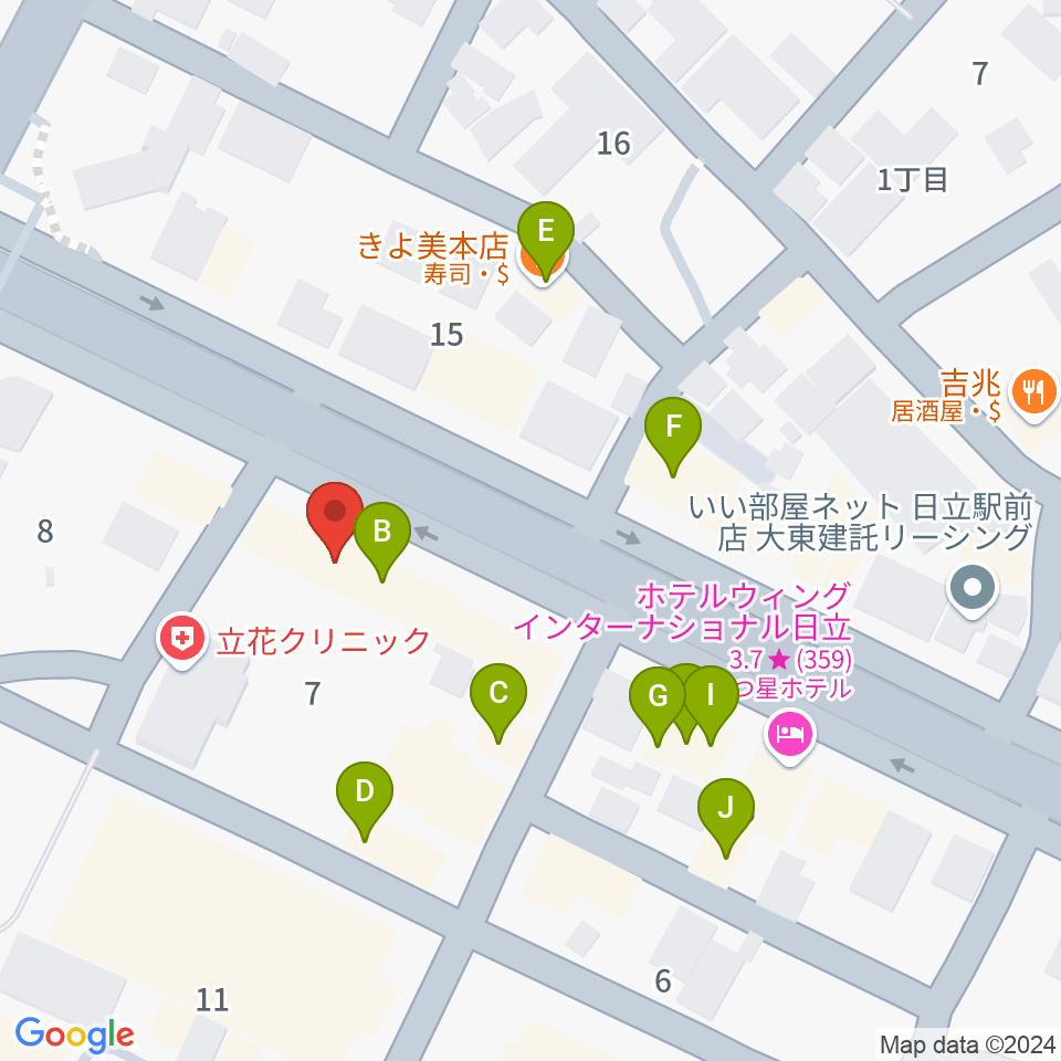 クシダピアノ社周辺のファミレス・ファーストフード一覧地図