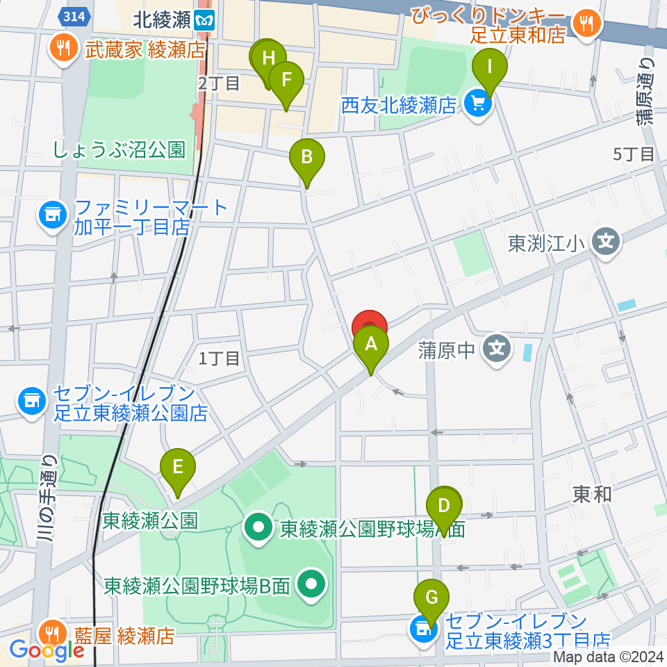 皆川ギター工房周辺のファミレス・ファーストフード一覧地図