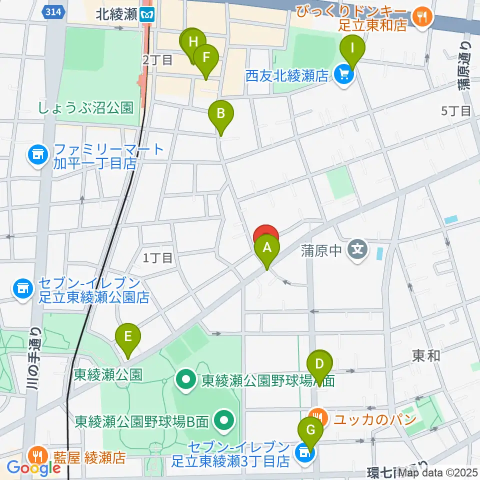 皆川ギター工房周辺のファミレス・ファーストフード一覧地図