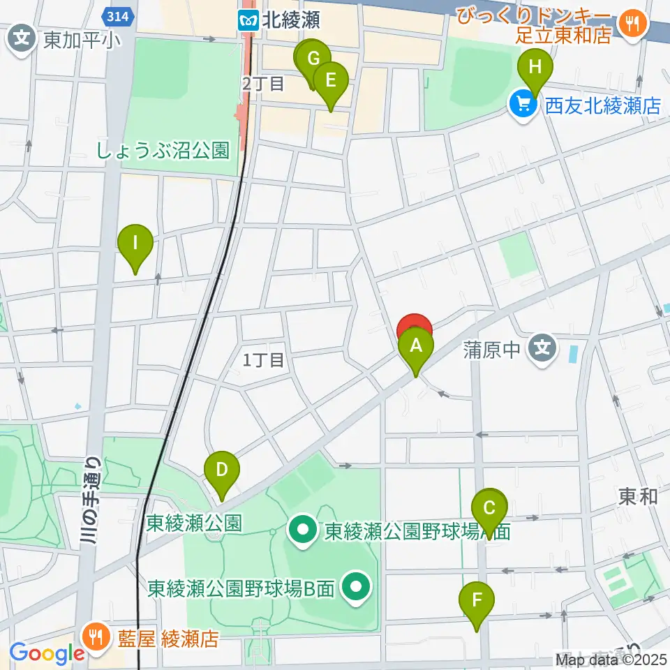 皆川ギター工房周辺のファミレス・ファーストフード一覧地図