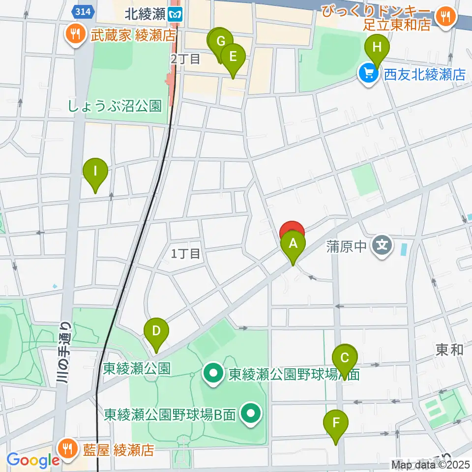 皆川ギター工房周辺のファミレス・ファーストフード一覧地図