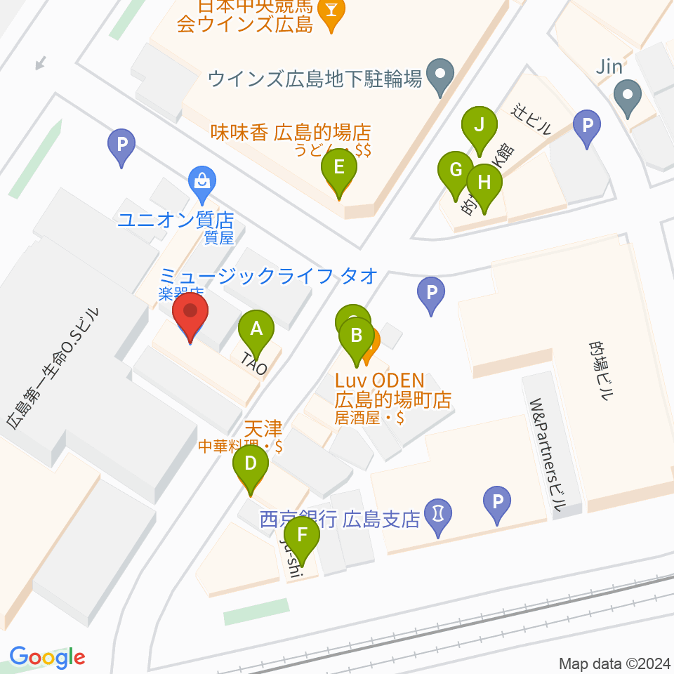 ミュージックライフTAO広島店周辺のファミレス・ファーストフード一覧地図