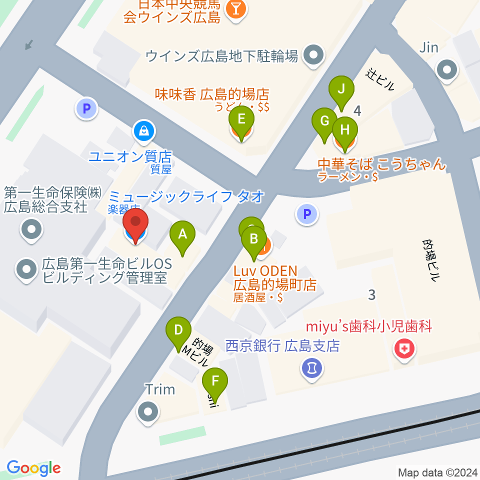 ミュージックライフTAO広島店周辺のファミレス・ファーストフード一覧地図