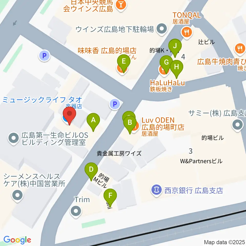 ミュージックライフTAO広島店周辺のファミレス・ファーストフード一覧地図