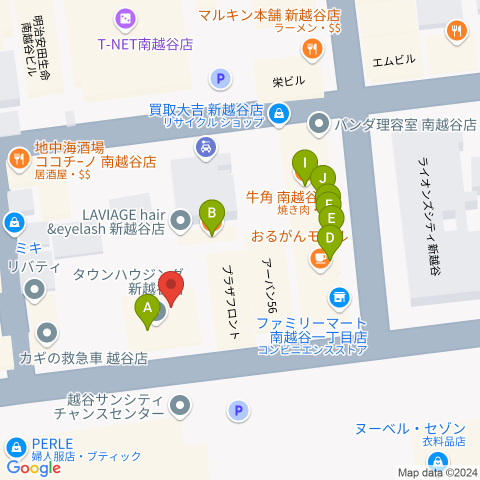 ミリオン楽器 南越谷店周辺のファミレス・ファーストフード一覧地図