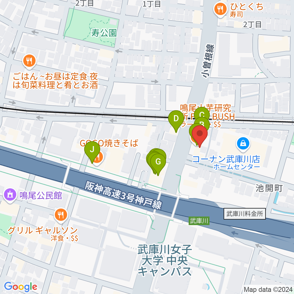 森岡楽器 西宮本店周辺のファミレス・ファーストフード一覧地図