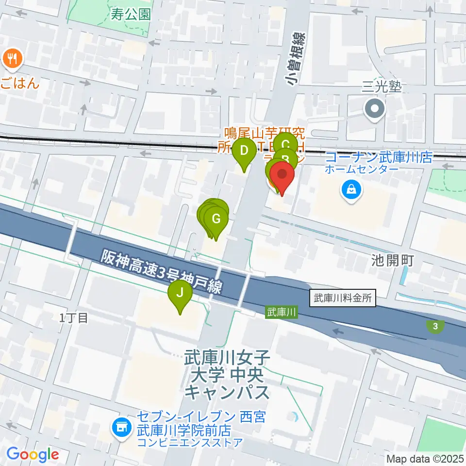 森岡楽器 西宮本店周辺のファミレス・ファーストフード一覧地図