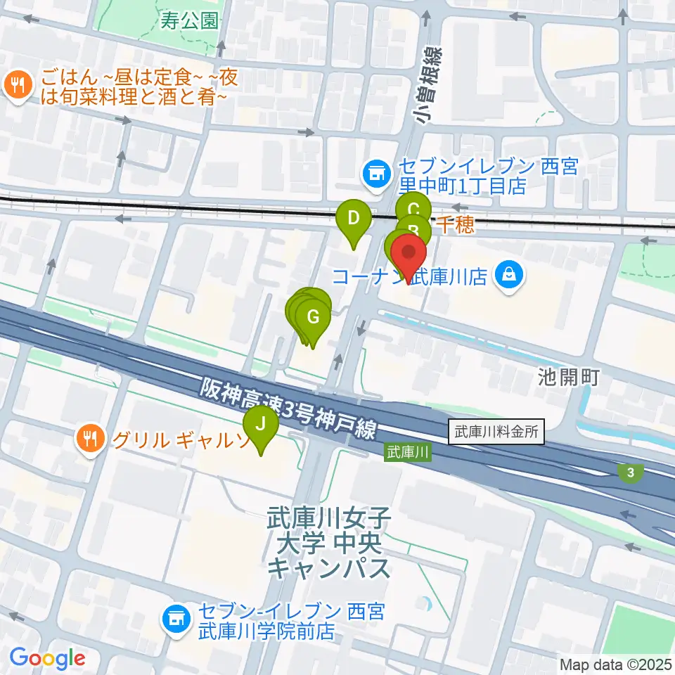 森岡楽器 西宮本店周辺のファミレス・ファーストフード一覧地図