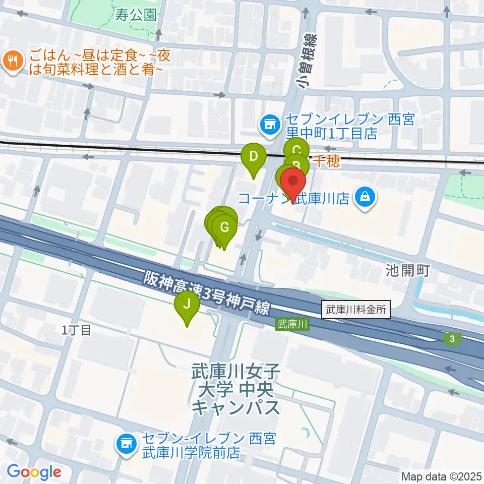 森岡楽器 西宮本店周辺のファミレス・ファーストフード一覧地図