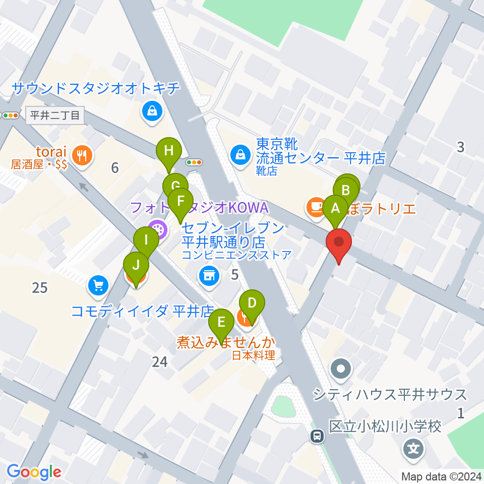 向山楽器店周辺のファミレス・ファーストフード一覧地図