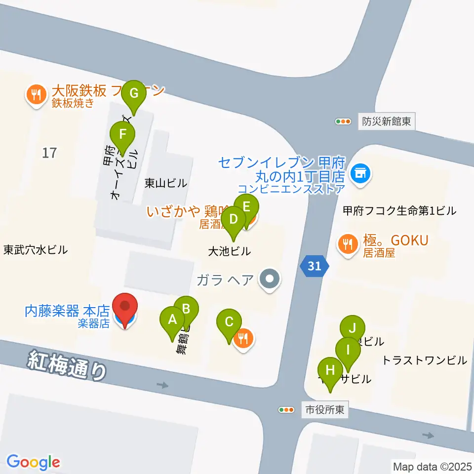 内藤楽器本店周辺のファミレス・ファーストフード一覧地図