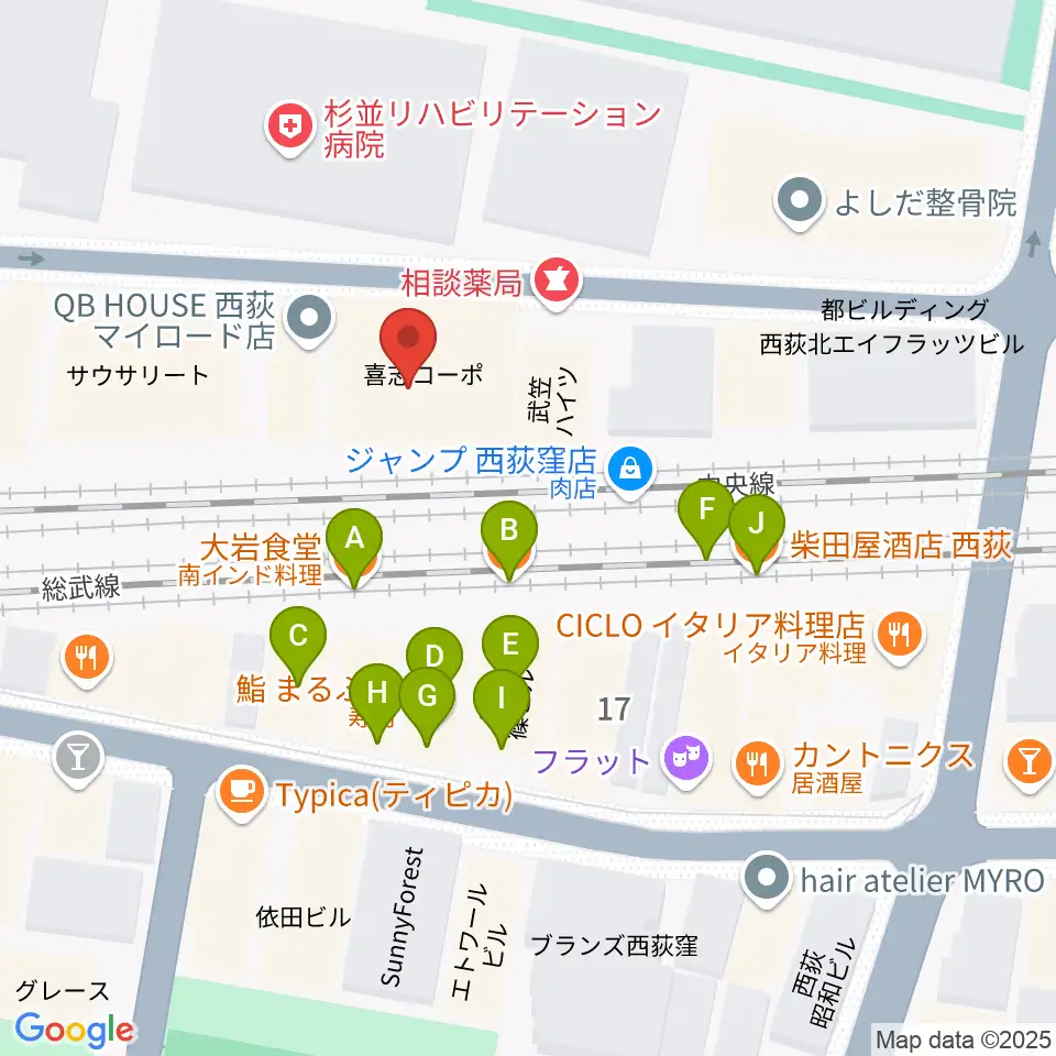 マエカワギタークラフト周辺のファミレス・ファーストフード一覧地図