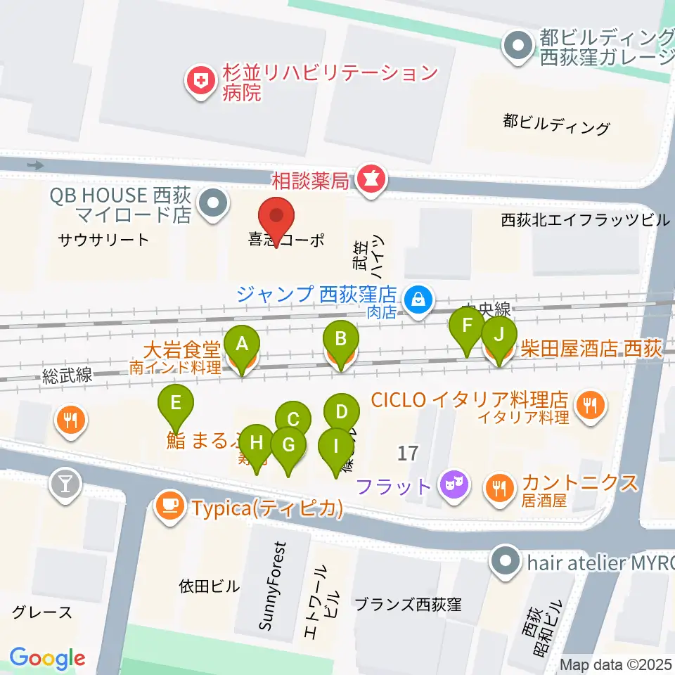 マエカワギタークラフト周辺のファミレス・ファーストフード一覧地図