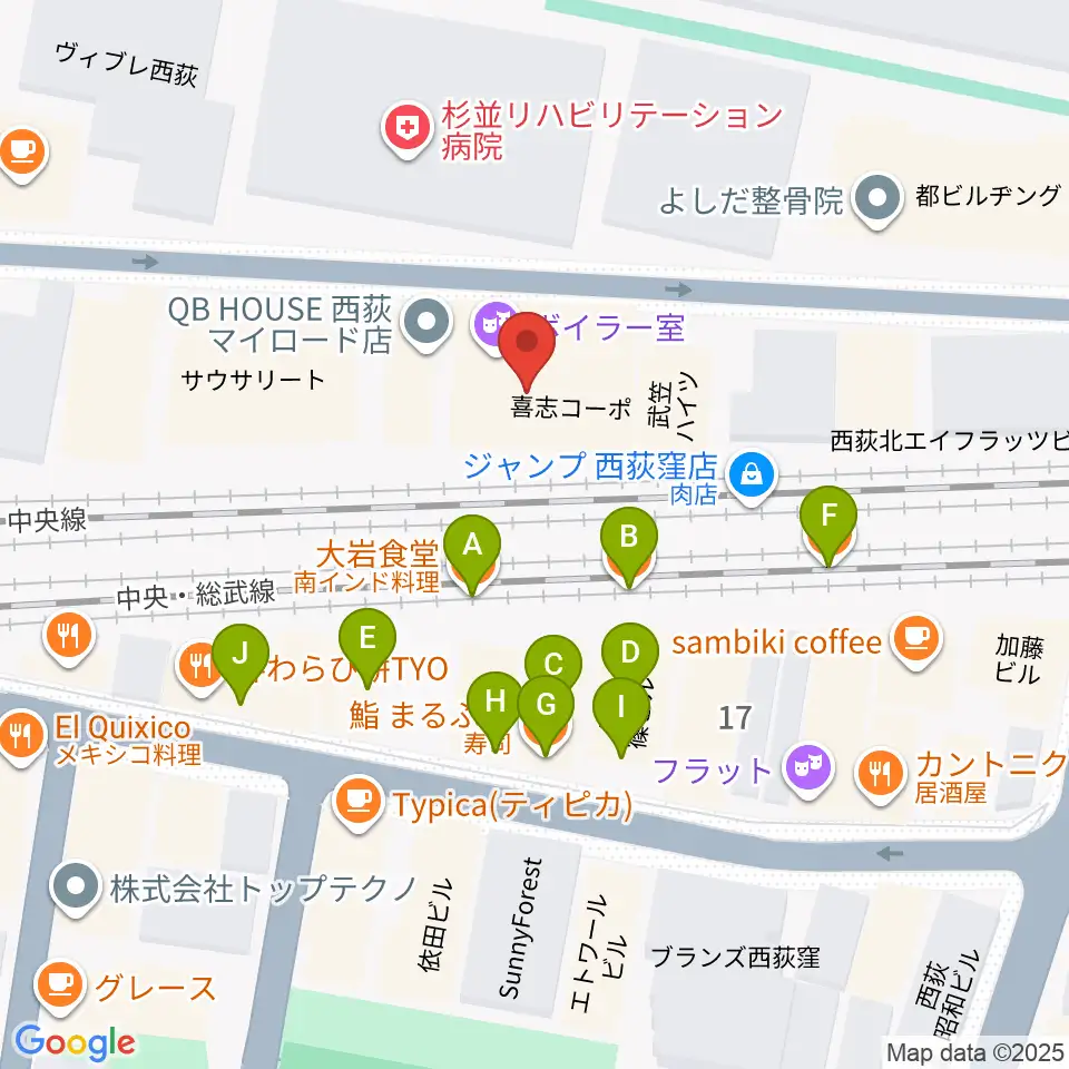 マエカワギタークラフト周辺のファミレス・ファーストフード一覧地図