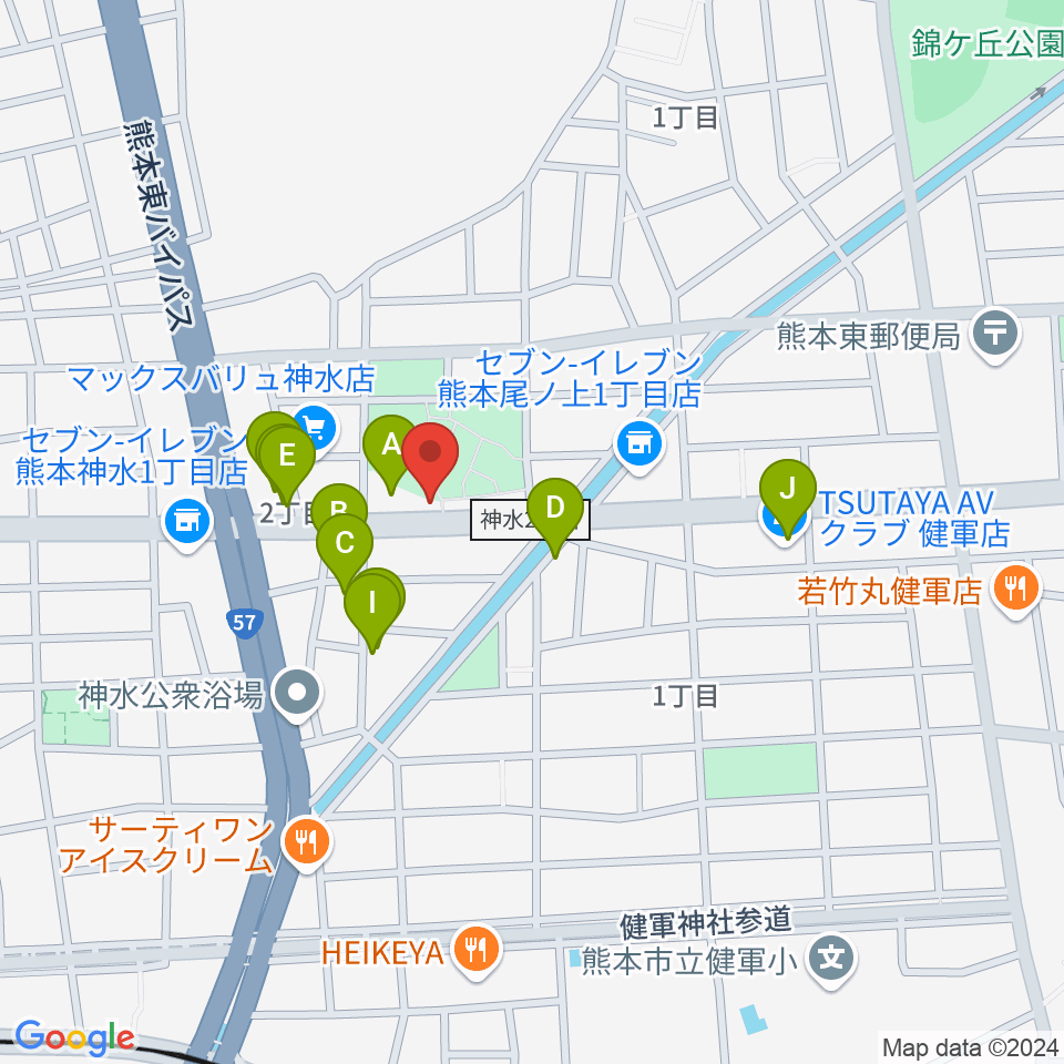 くまもとピアノ周辺のファミレス・ファーストフード一覧地図