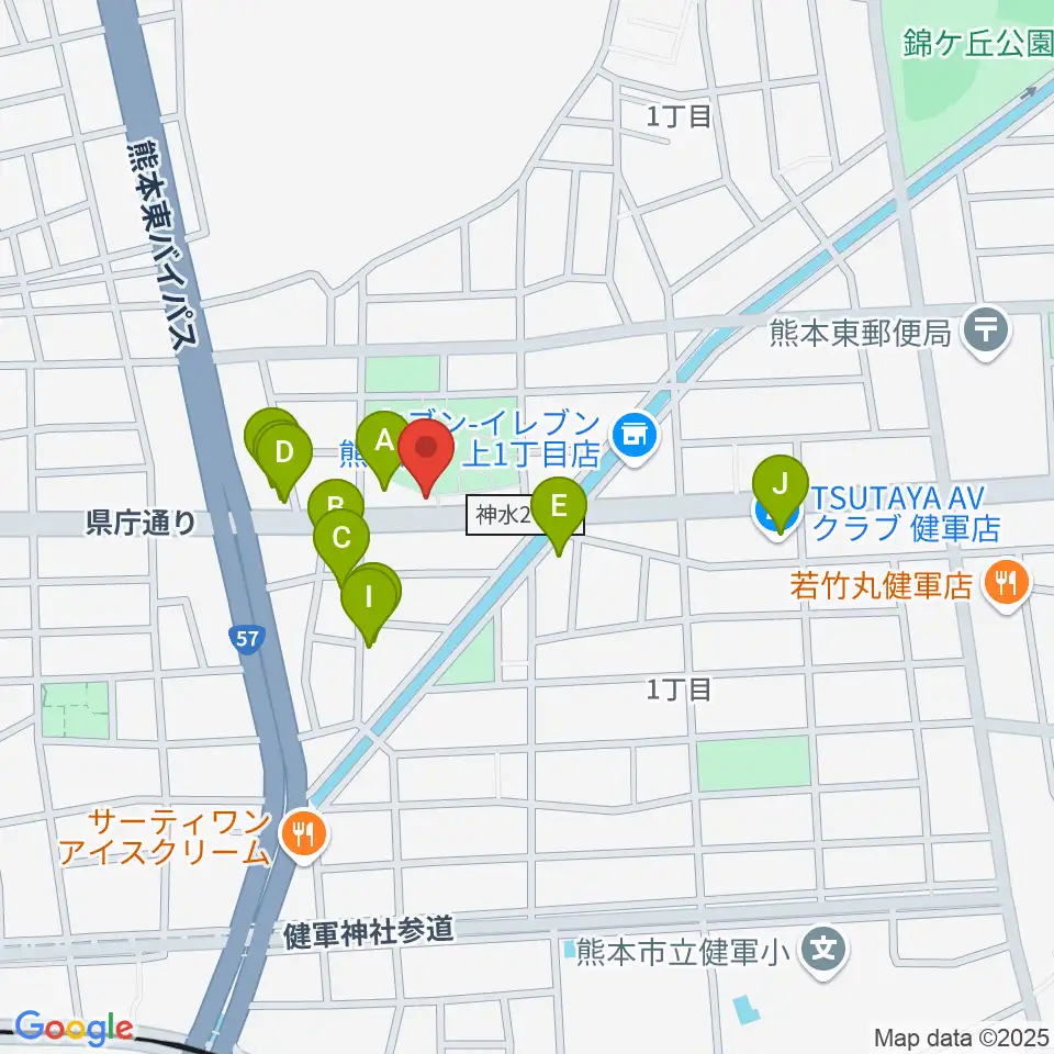くまもとピアノ周辺のファミレス・ファーストフード一覧地図