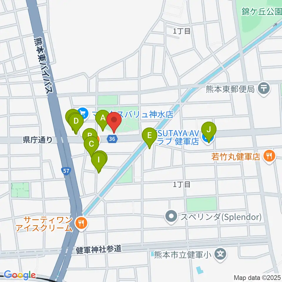 くまもとピアノ周辺のファミレス・ファーストフード一覧地図