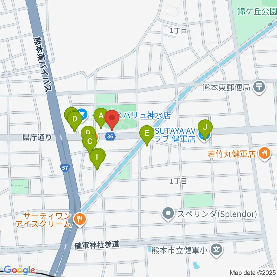 くまもとピアノ周辺のファミレス・ファーストフード一覧地図