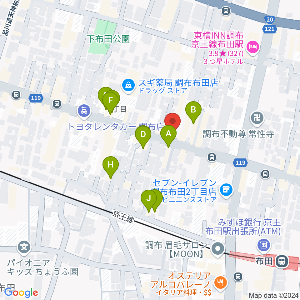 大西楽器店周辺のファミレス・ファーストフード一覧地図