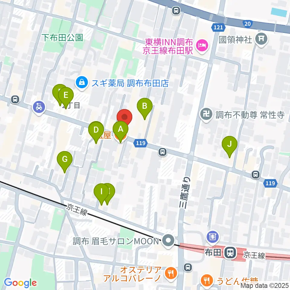 大西楽器店周辺のファミレス・ファーストフード一覧地図