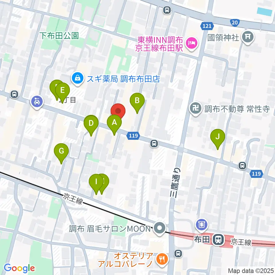 大西楽器店周辺のファミレス・ファーストフード一覧地図