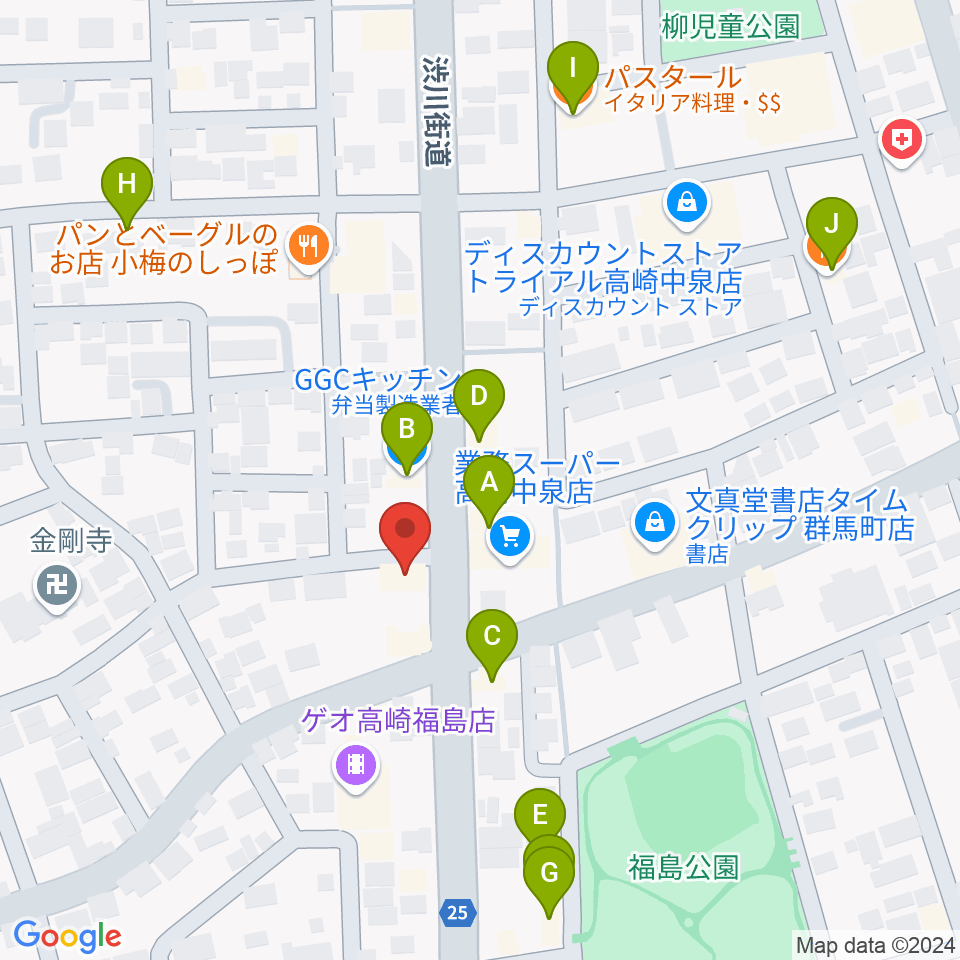 オカダ楽器周辺のファミレス・ファーストフード一覧地図