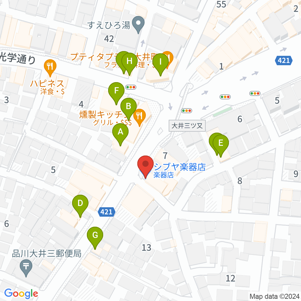 シブヤ楽器店周辺のファミレス・ファーストフード一覧地図