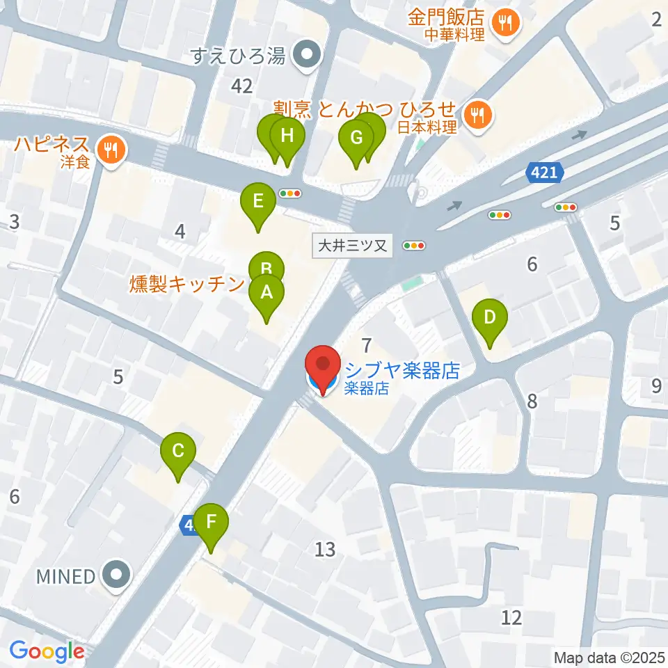シブヤ楽器店周辺のファミレス・ファーストフード一覧地図