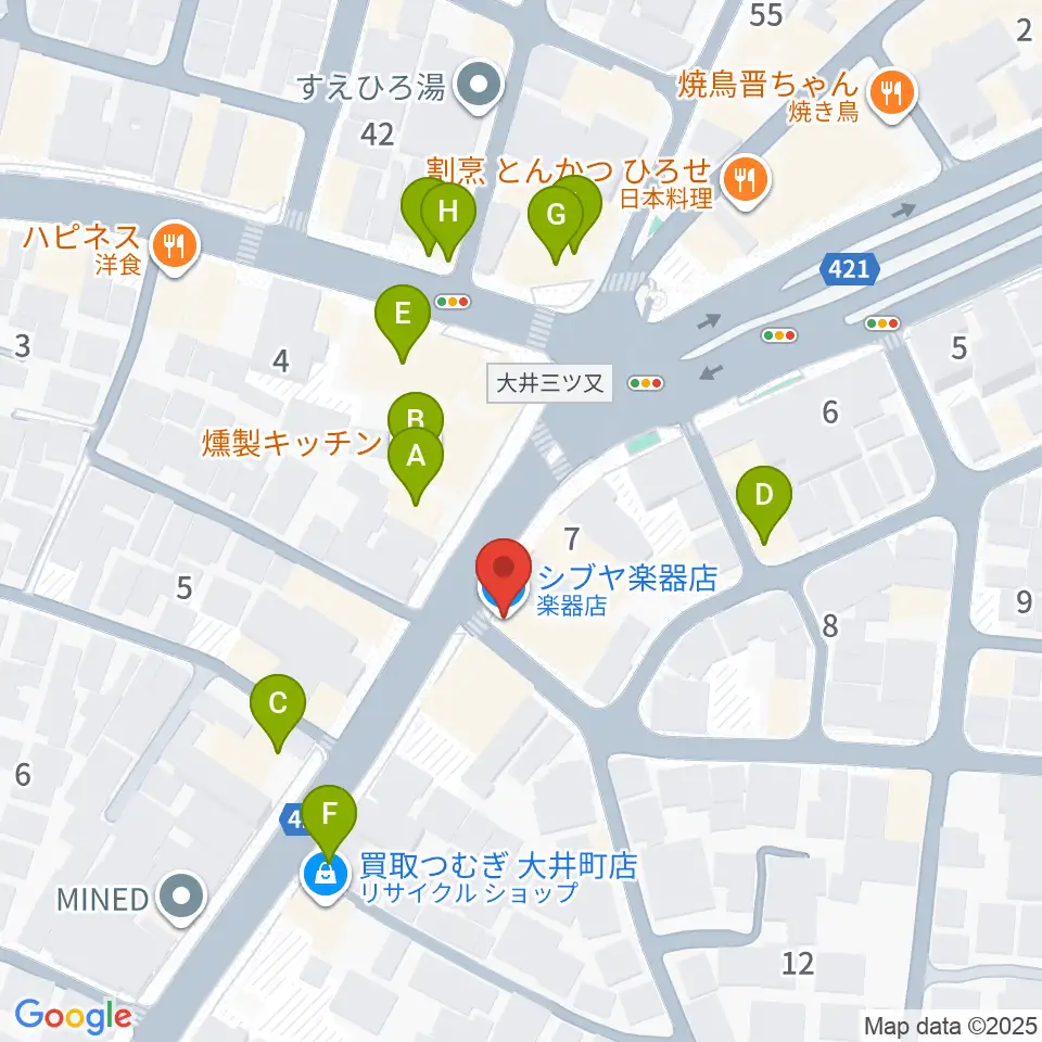 シブヤ楽器店周辺のファミレス・ファーストフード一覧地図