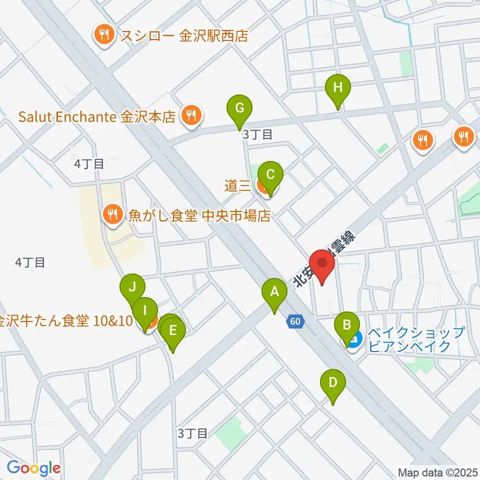 ストラディ金沢周辺のファミレス・ファーストフード一覧地図
