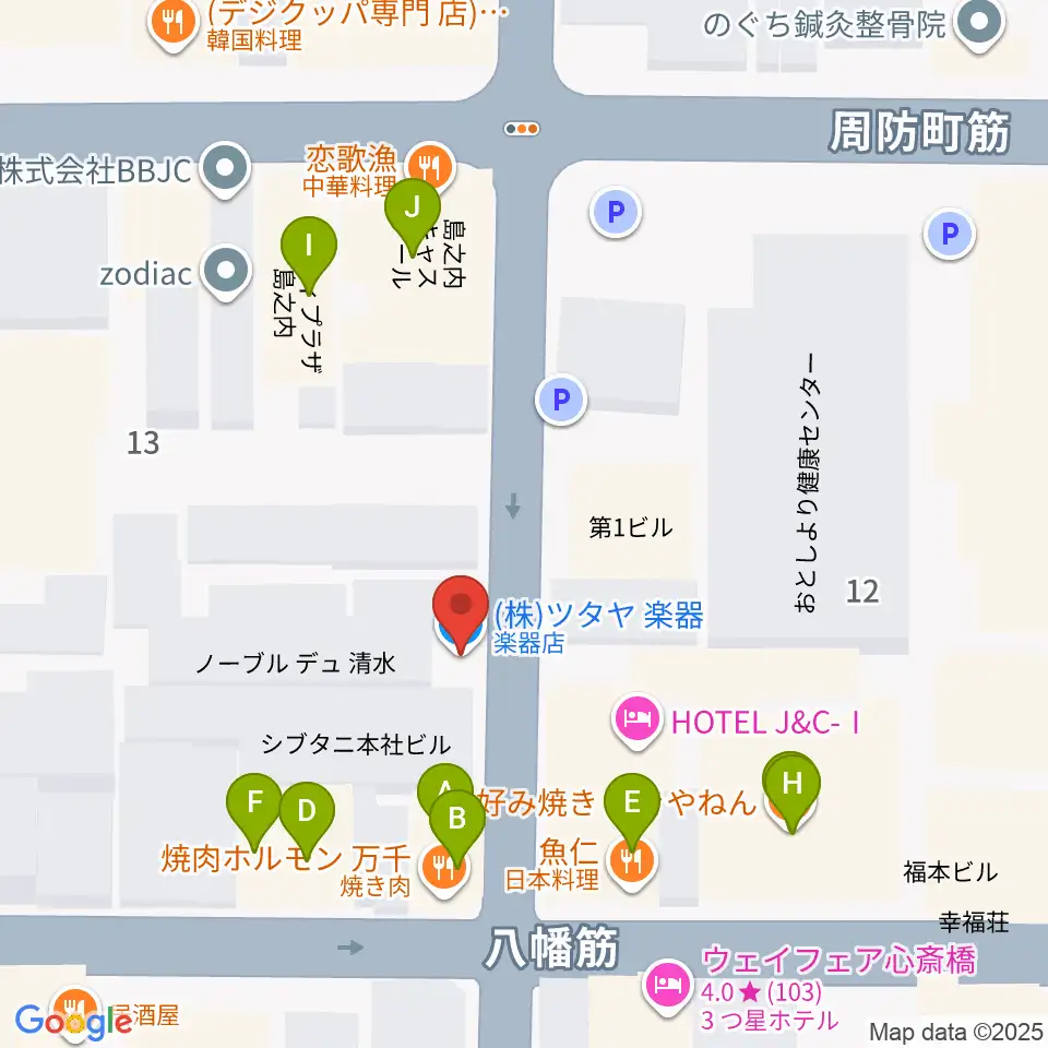 ツタヤ楽器周辺のファミレス・ファーストフード一覧地図