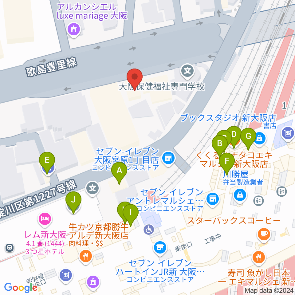 松尾弦楽器 大阪本店周辺のファミレス・ファーストフード一覧地図