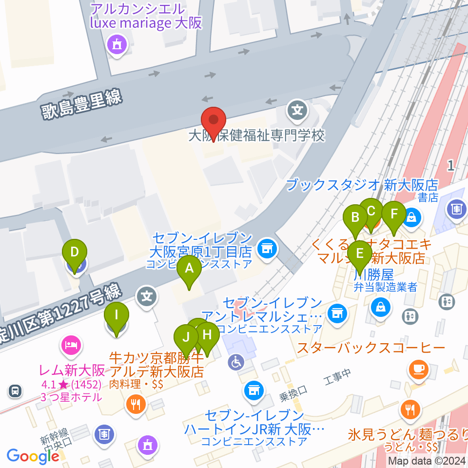 松尾弦楽器 大阪本店周辺のファミレス・ファーストフード一覧地図