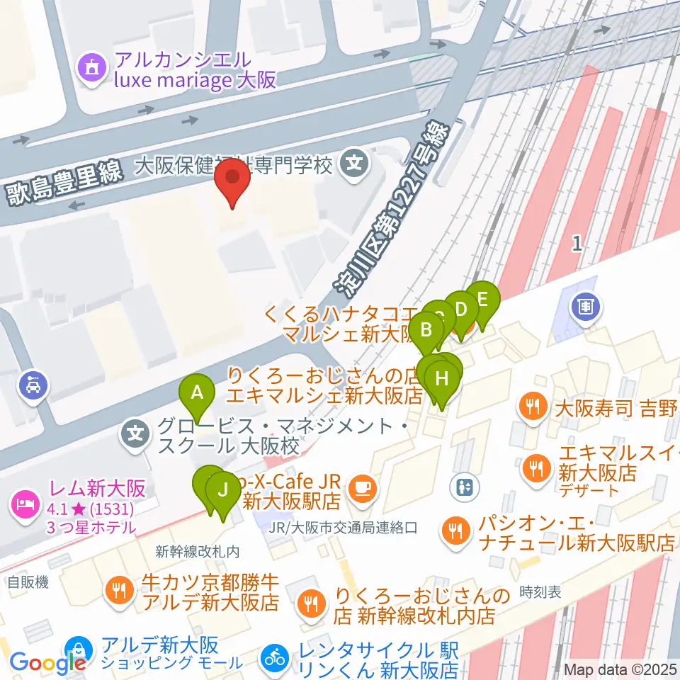 松尾弦楽器 大阪本店周辺のファミレス・ファーストフード一覧地図