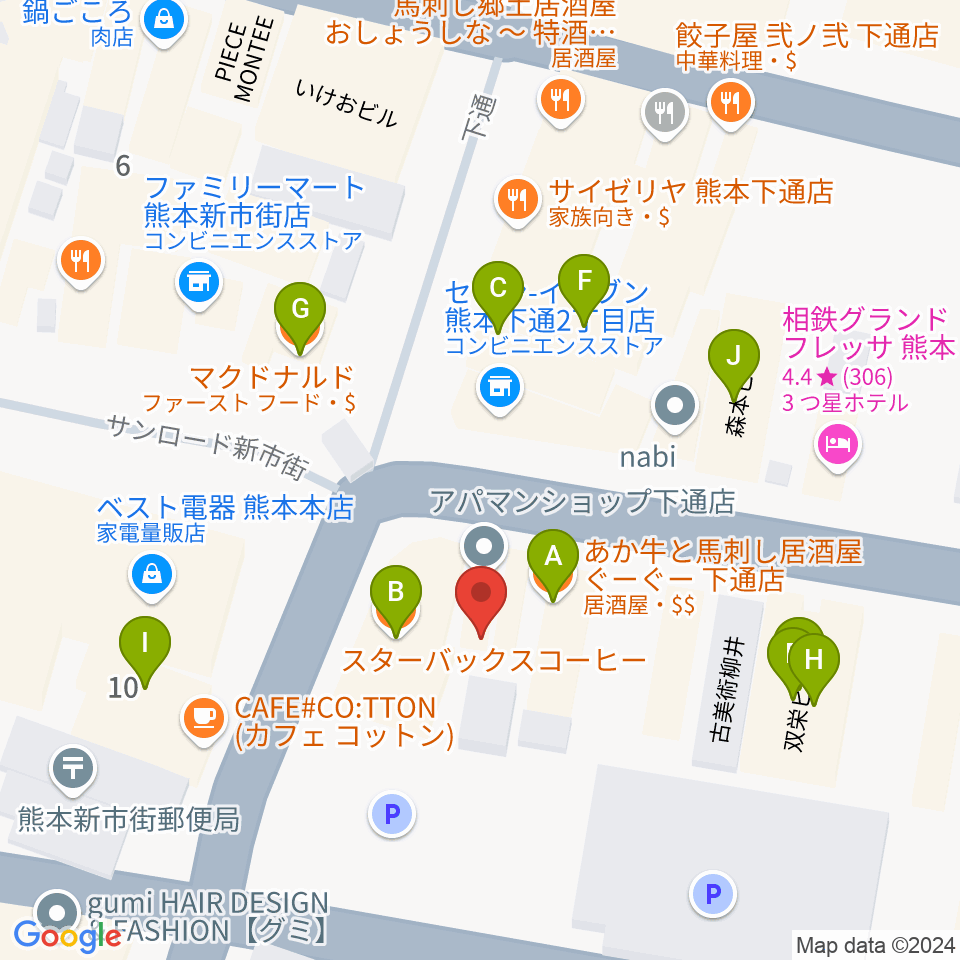 和楽器市場（森楽器）周辺のファミレス・ファーストフード一覧地図