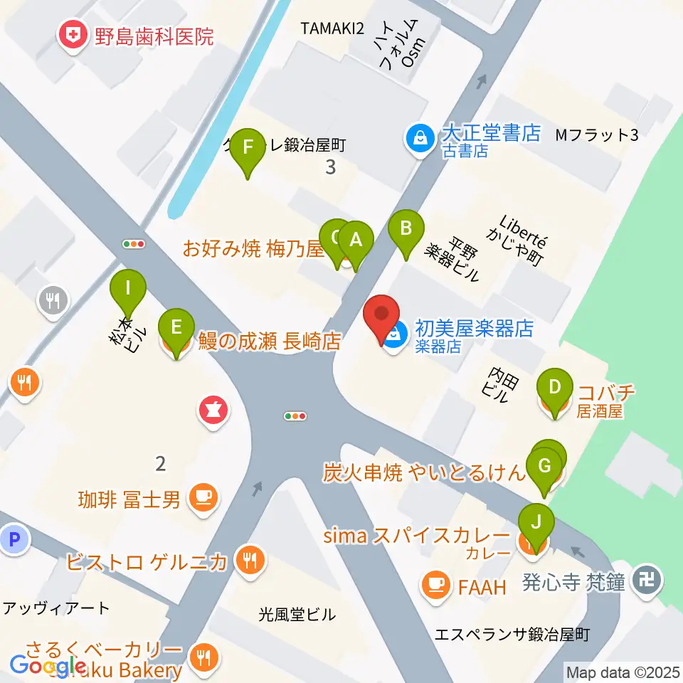 初美屋楽器店周辺のファミレス・ファーストフード一覧地図