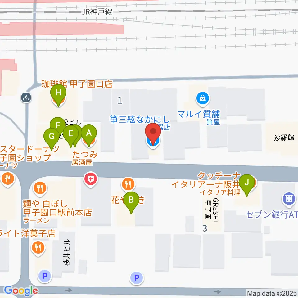 箏三絃なかにし周辺のファミレス・ファーストフード一覧地図