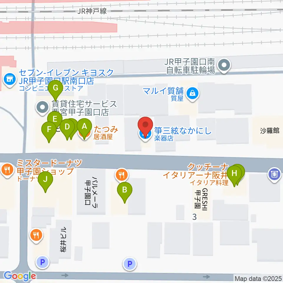 箏三絃なかにし周辺のファミレス・ファーストフード一覧地図