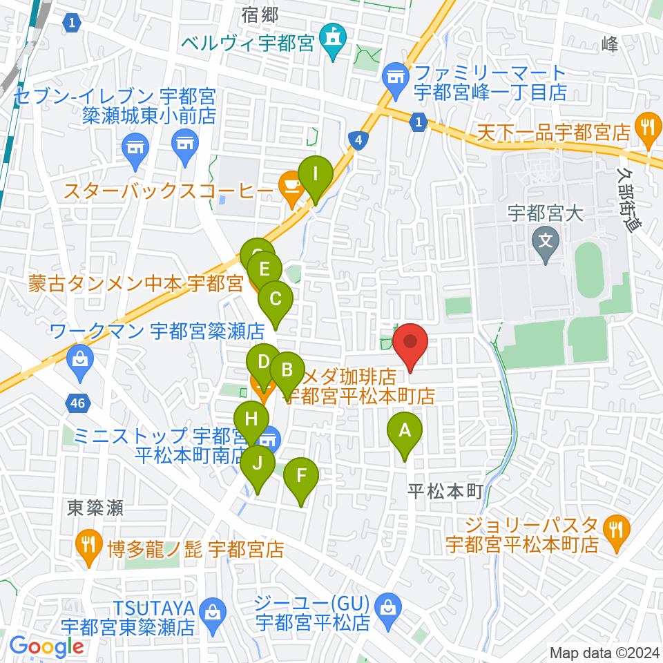 宇都宮JIVE Studio周辺のファミレス・ファーストフード一覧地図