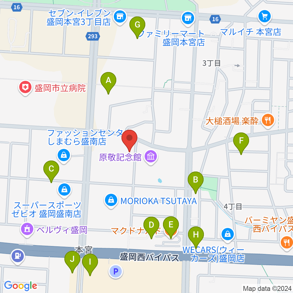 REDHOT盛岡周辺のファミレス・ファーストフード一覧地図