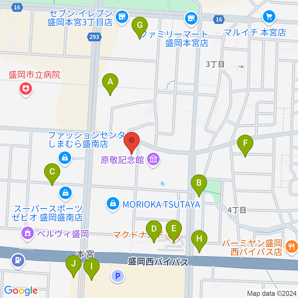 REDHOT盛岡周辺のファミレス・ファーストフード一覧地図