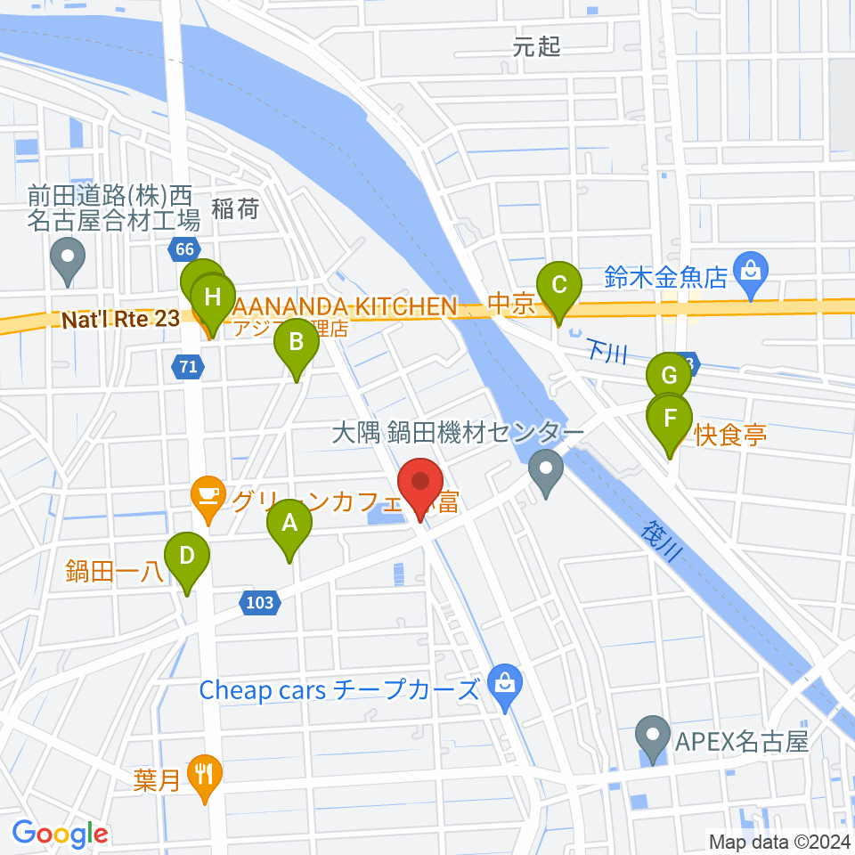 ギター工房フォーエム周辺のファミレス・ファーストフード一覧地図