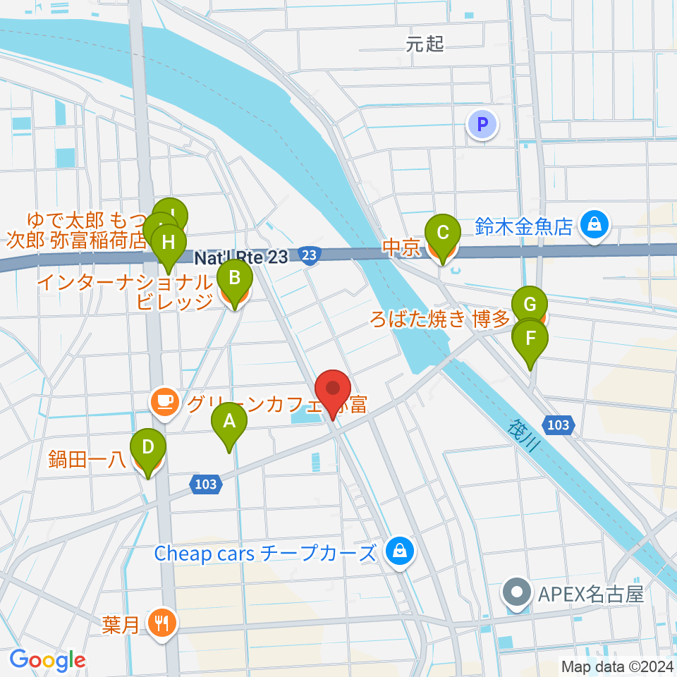 ギター工房フォーエム周辺のファミレス・ファーストフード一覧地図