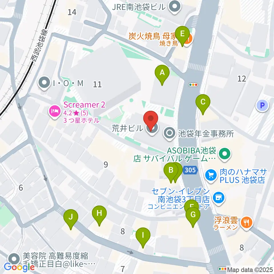 富士楽器 池袋ショールーム周辺のファミレス・ファーストフード一覧地図