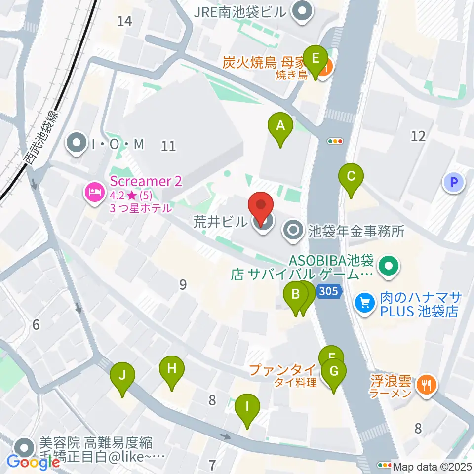 富士楽器 池袋ショールーム周辺のファミレス・ファーストフード一覧地図
