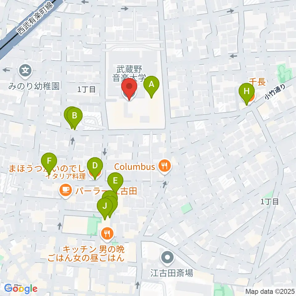 武蔵野音楽大学周辺のファミレス・ファーストフード一覧地図
