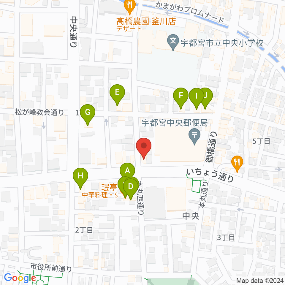 宇都宮ライナス周辺のファミレス・ファーストフード一覧地図